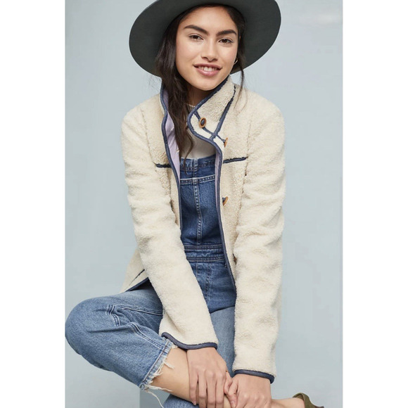Anthropologie Piped Sherpa‎ Jacket Size XS Cream Cozy Warm Pockets Fall Winter - Picture 4 of 16